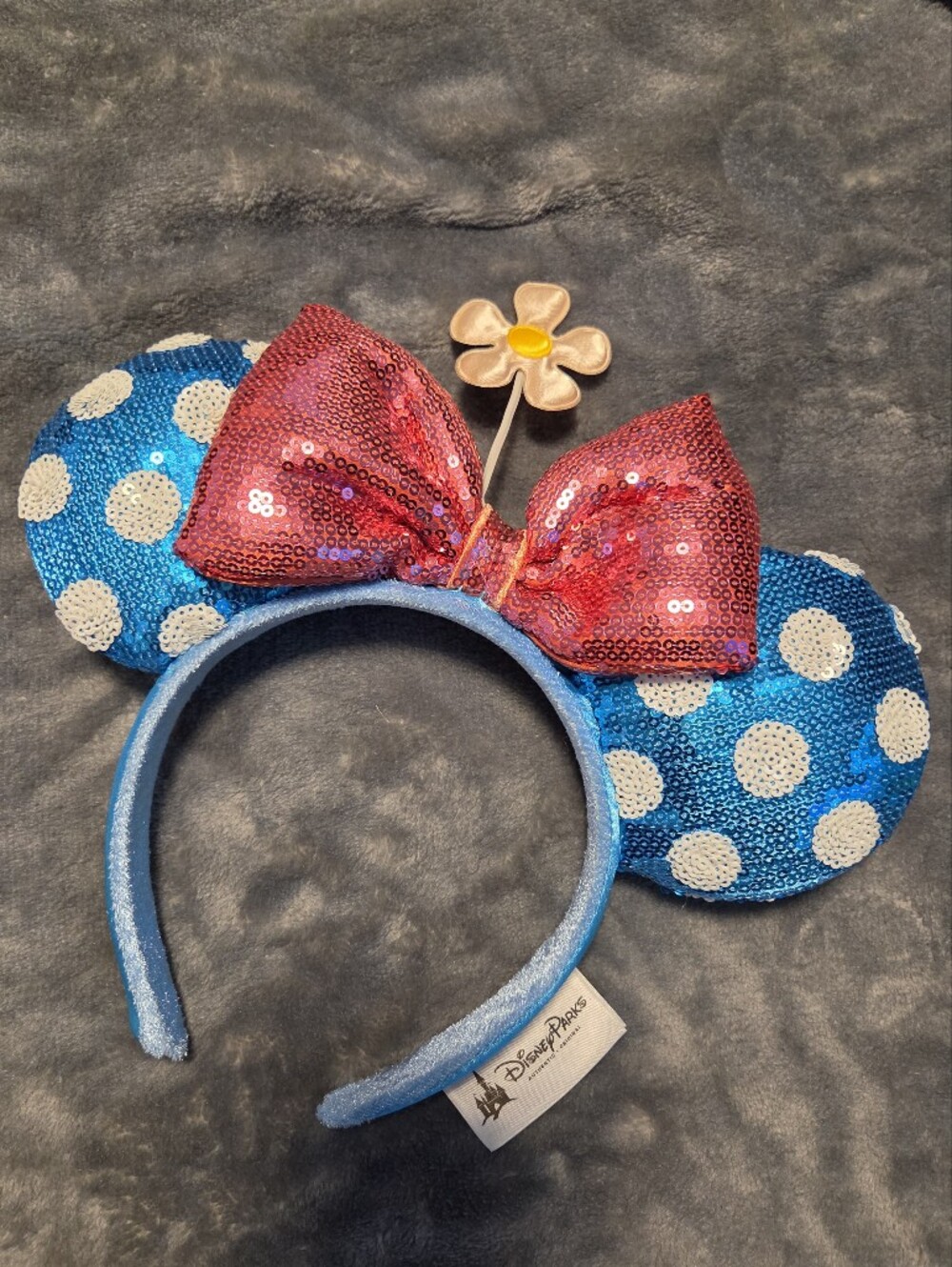 Disney Blue Polka Dot Sequin Minnie Ears with Pink Bow and Yellow Flower